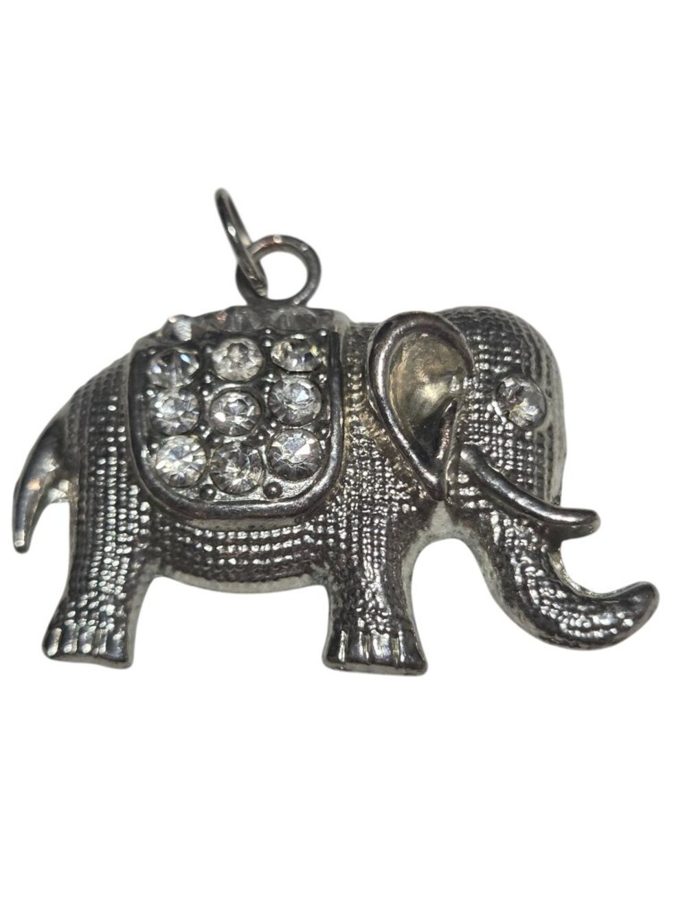 Vintage Elephant Pendant Silver Tone Rhinestones Textured Retro Mid Century
